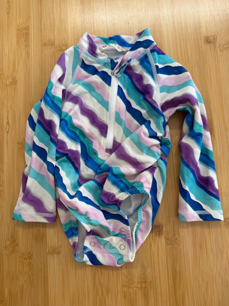 Jan & Jul One-Piece Swimsuit – 18–24M | Purple Stripe Long Sleeve