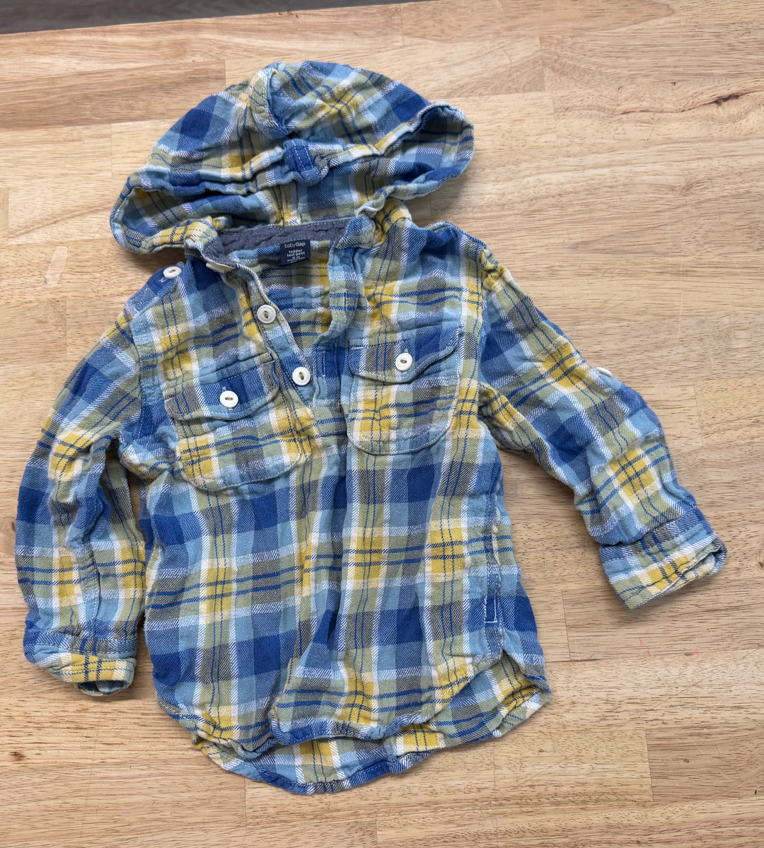 Baby Gap Flannel Hooded Pullover – 18–24M | Blue & Yellow