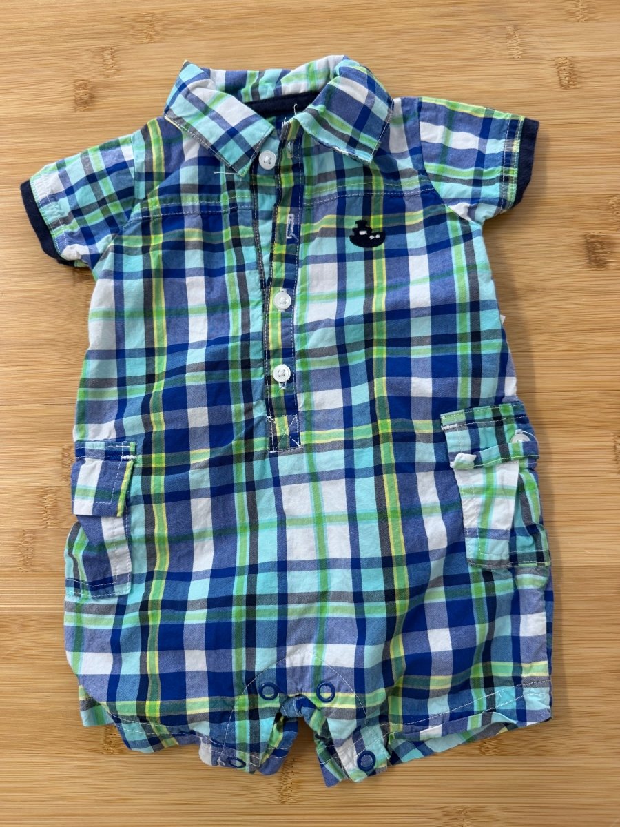 Just One You by Carter's Plaid Snap Romper – 3M | Blue & Green Short Sleeve - Nest and Sprout-Consignment