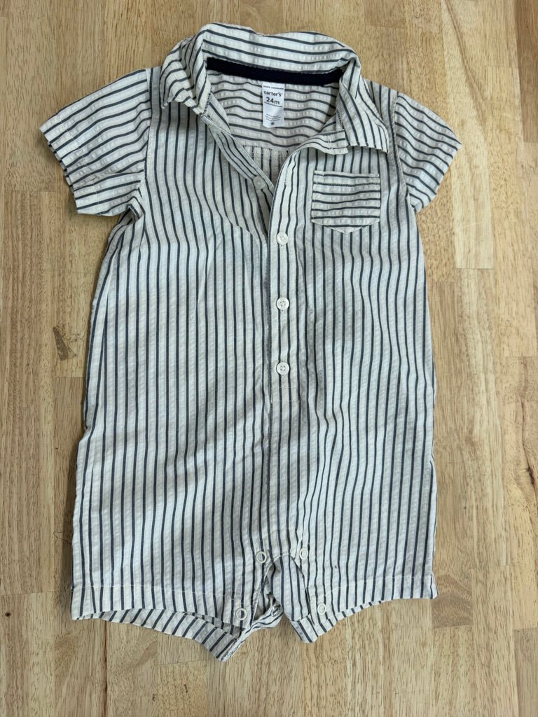 Carter's Cream & Navy Stripe Romper – 24M | Excellent Cotton/Polyester - Nest and Sprout-Consignment