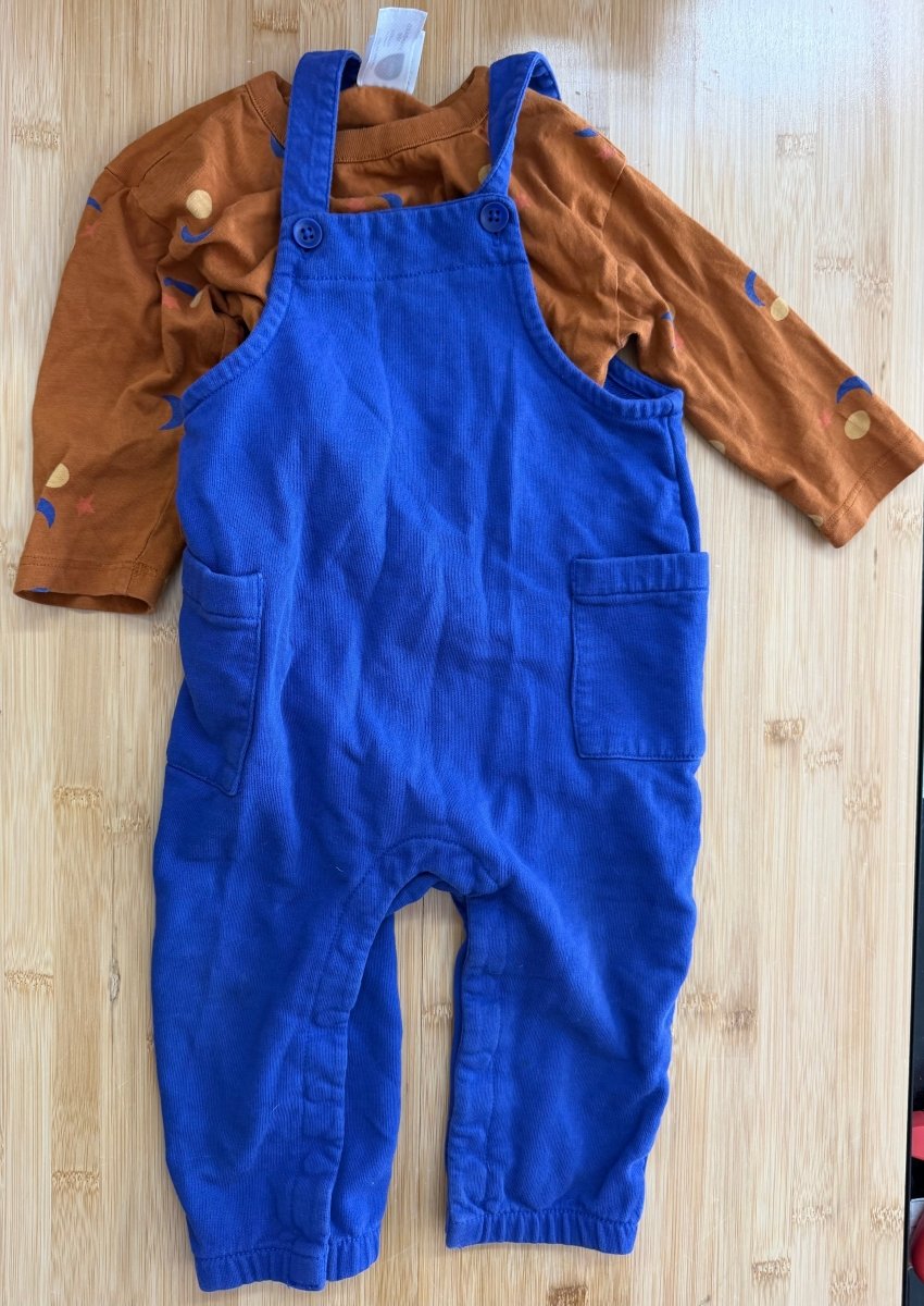 Hannah Andersson Outfit Set – 12-18 Months | Blue Overalls with Burnt Orange Shirt - Nest and Sprout-Consignment