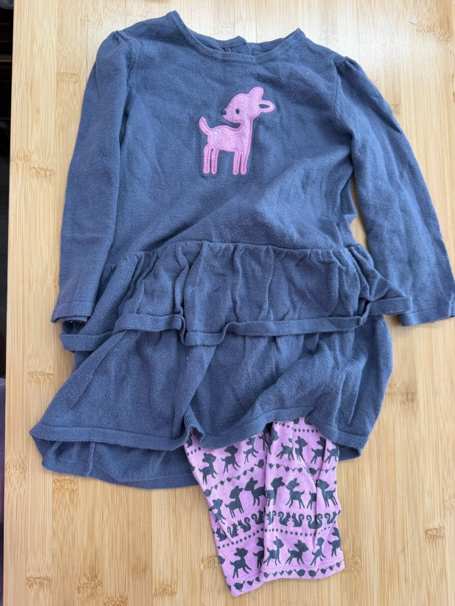 Gymboree Fawn Sweater Dress & Forest Animal Legging Set – 18–24M | Grey Knit & Pink/Purple - Nest and Sprout-Consignment