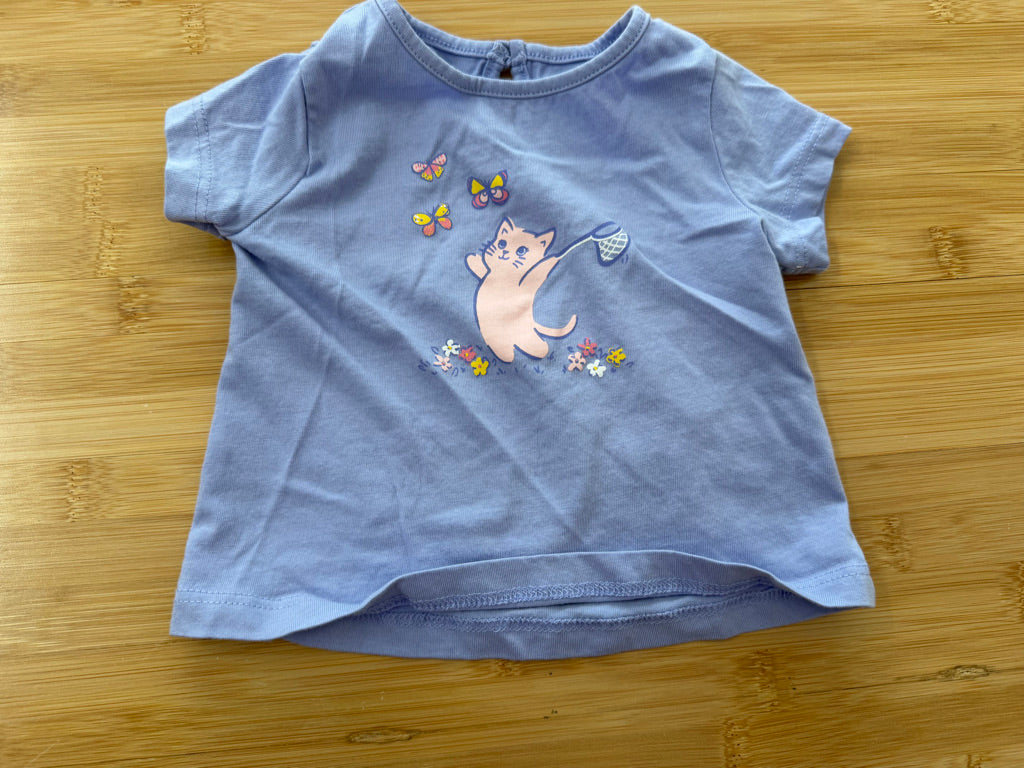 Joe Fresh Shirt – 0–3M | Light Purple Cat Catching Butterfly Graphic