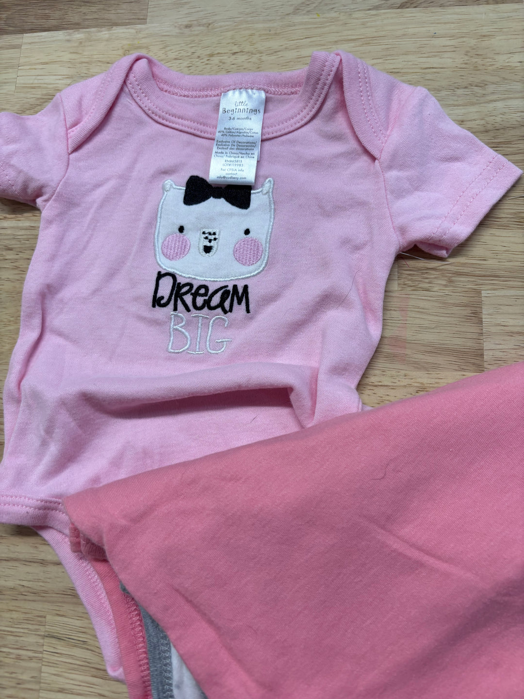 Little Beginnings Bodysuit 3-6 Months, Pink "Dream Big" Short Sleeve