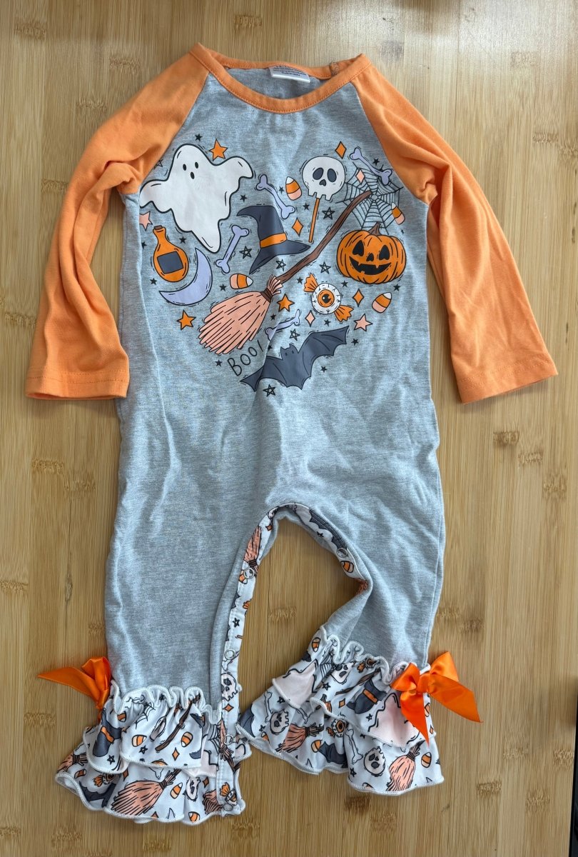 Halloween Print Romper – 12-18 Months | Orange Sleeves | Flare Legs | Cotton Spandex Blend - Nest and Sprout-Consignment