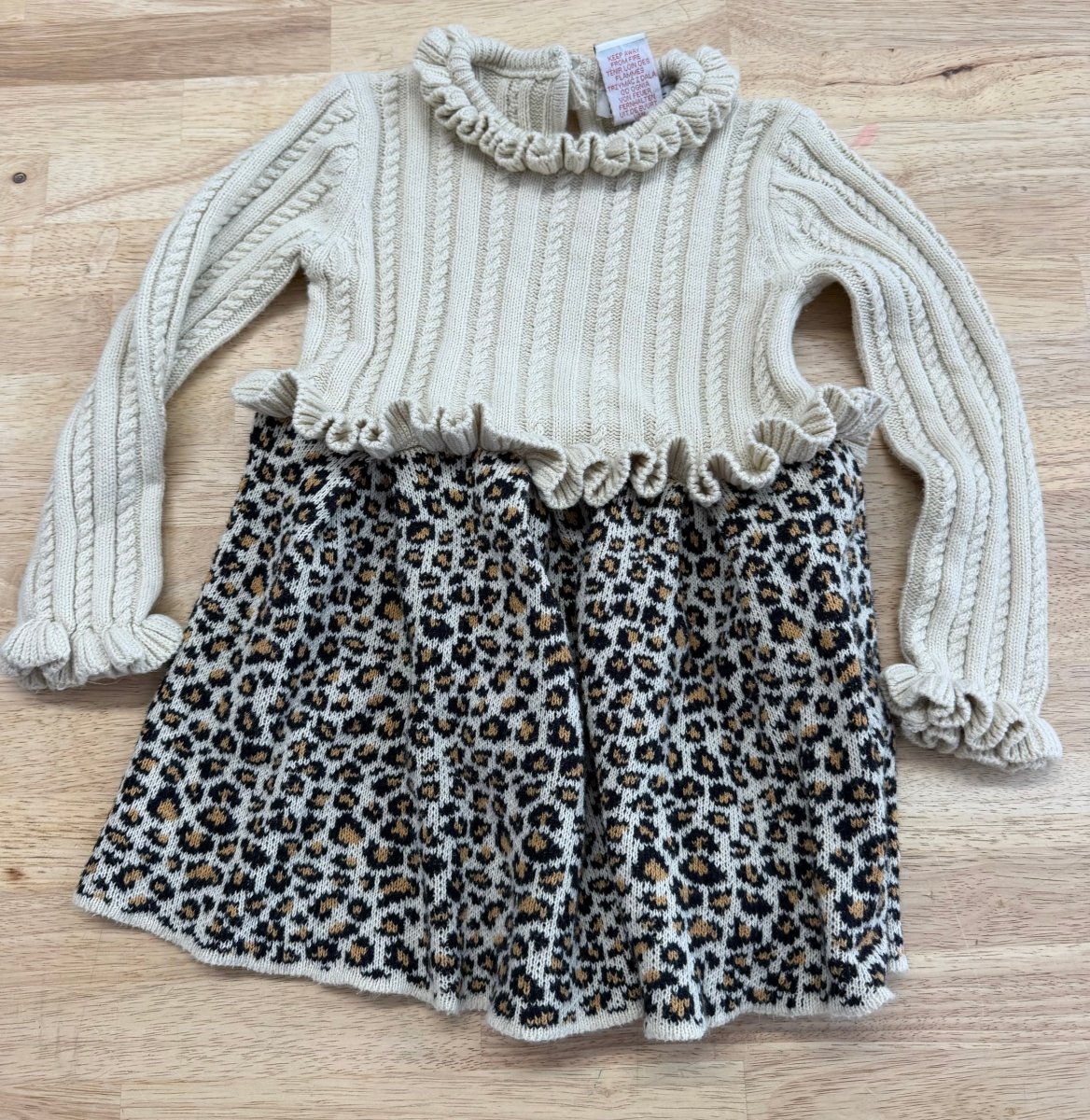Rachel Zoe Leopard Print Dress – 3T | Cream Cable Knit Bodice Ruffle Trim Long Sleeve - Nest and Sprout-Consignment