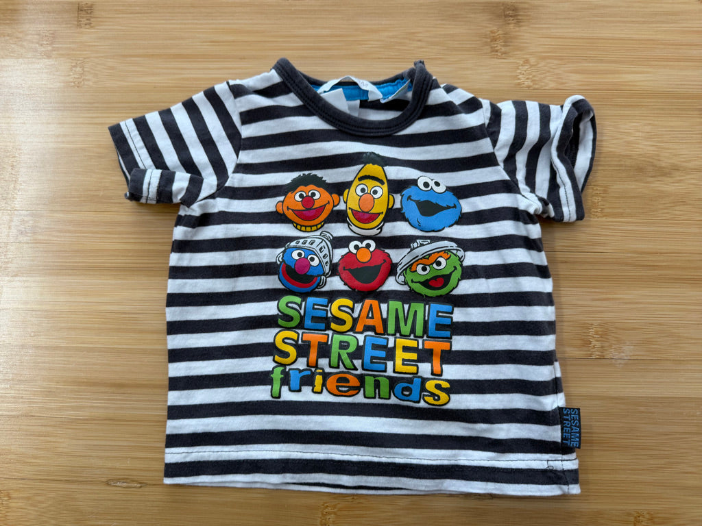 H&M Sesame Street Shirt – 4–6M | Grey & White Stripe Short Sleeve