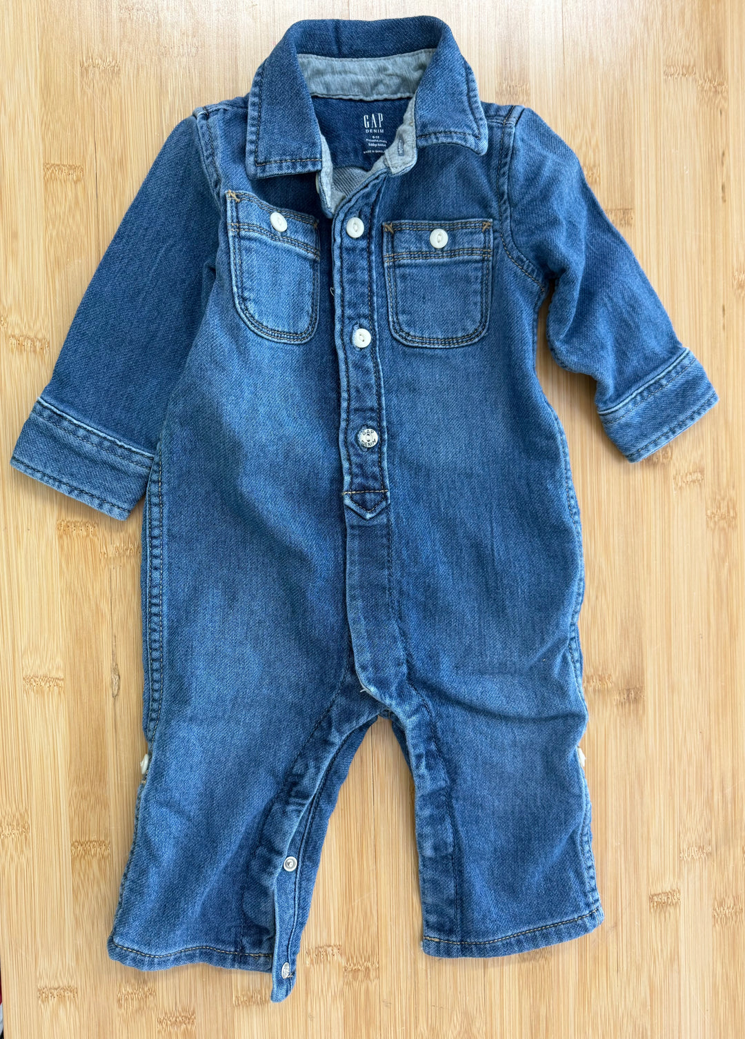 Gap Denim Collared Button-Up Jumpsuit – 6–12M | Snap Crotch Lightweight