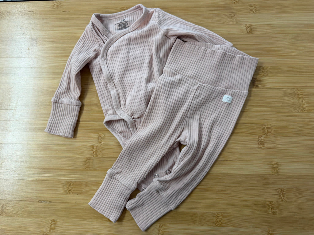 H&M Ribbed Kimono Bodysuit & Leggings Set – 3M | Pink Long Sleeve