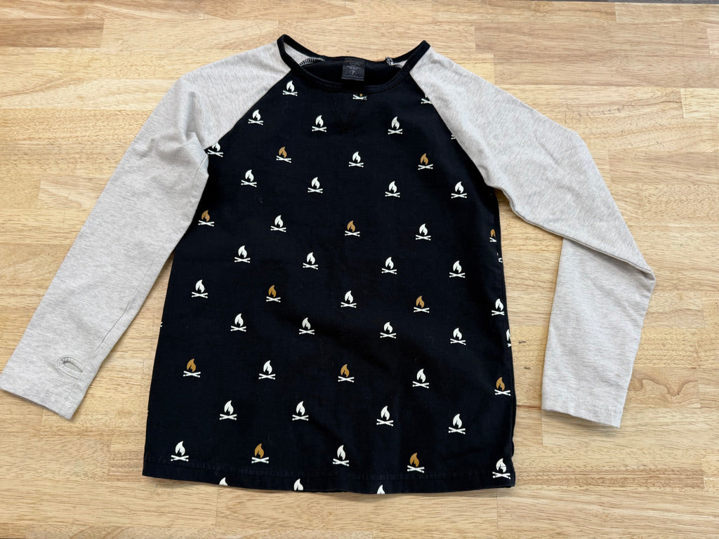 Peekaboo Beans Long Sleeve Shirt – 7 | Campfire Print on Black with Oatmeal Sleeves
