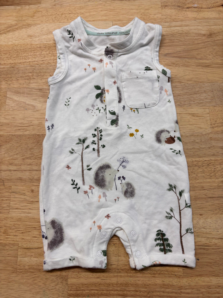 Loulou Lollipop Short Romper – 0–6M Hedgehog Forest