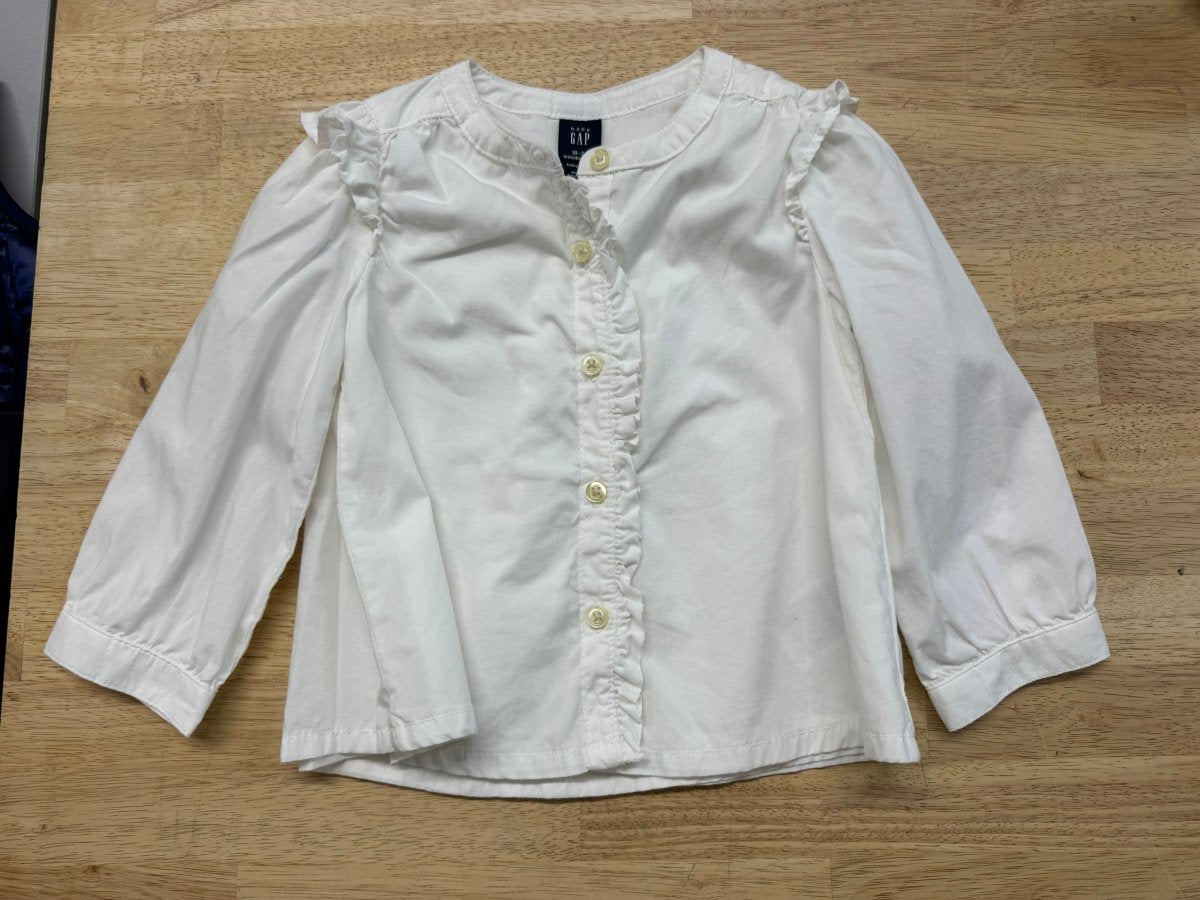 Gap Ruffle Button Up Shirt – 18-24 Months | White | No Collar - Nest and Sprout-Consignment