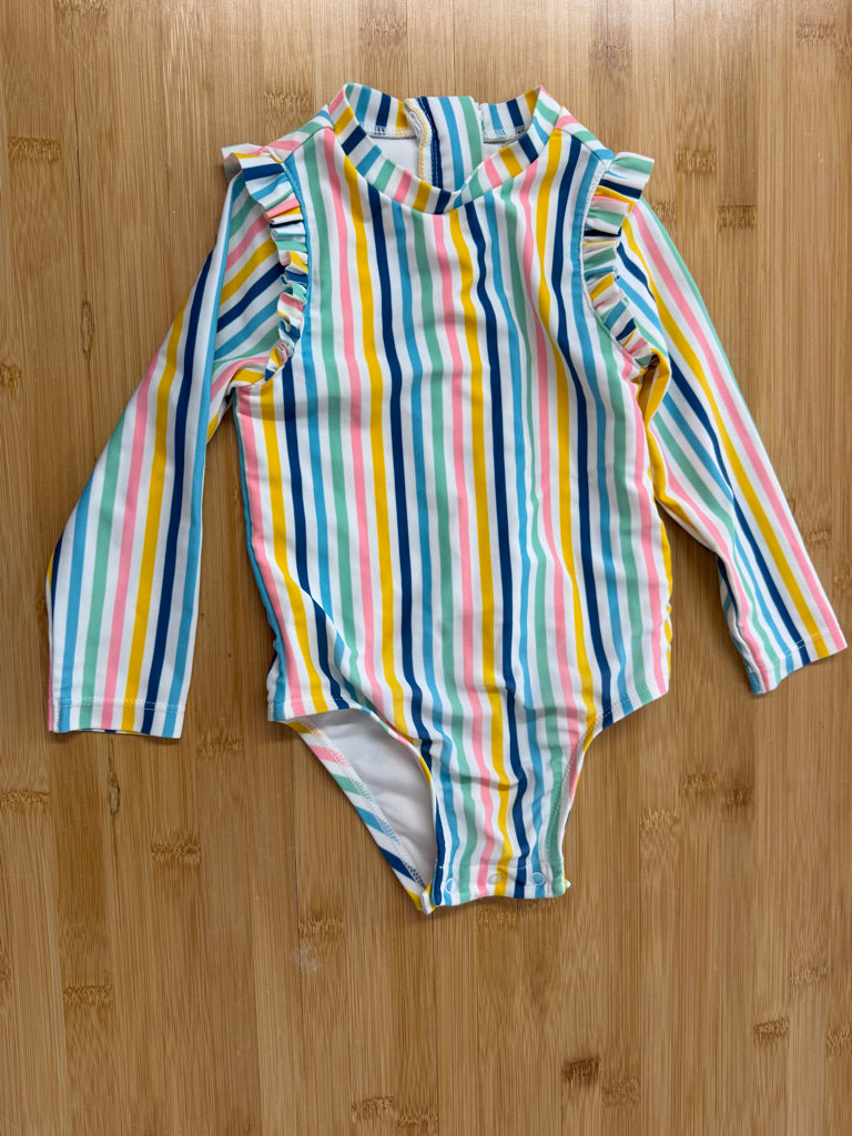 Old Navy Rainbow Stripe Long Sleeve Swimsuit – 12–18M | Pastel Vertical