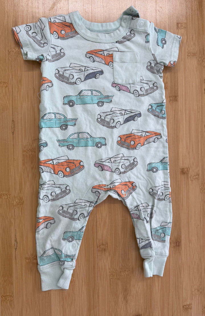 Tea Collection Old Cars Short Sleeve Romper – 9–12M | Mint | Play