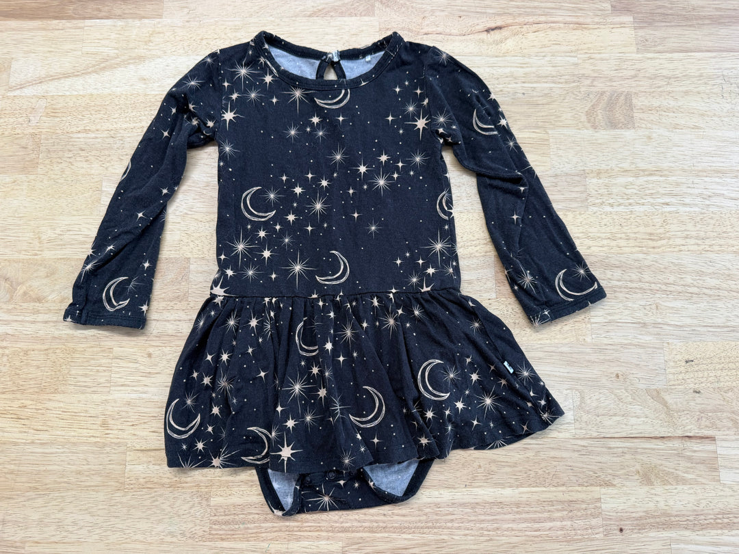 Bums and Roses Long Sleeve Bodysuit Dress – 2T | Charcoal with Gold Stars