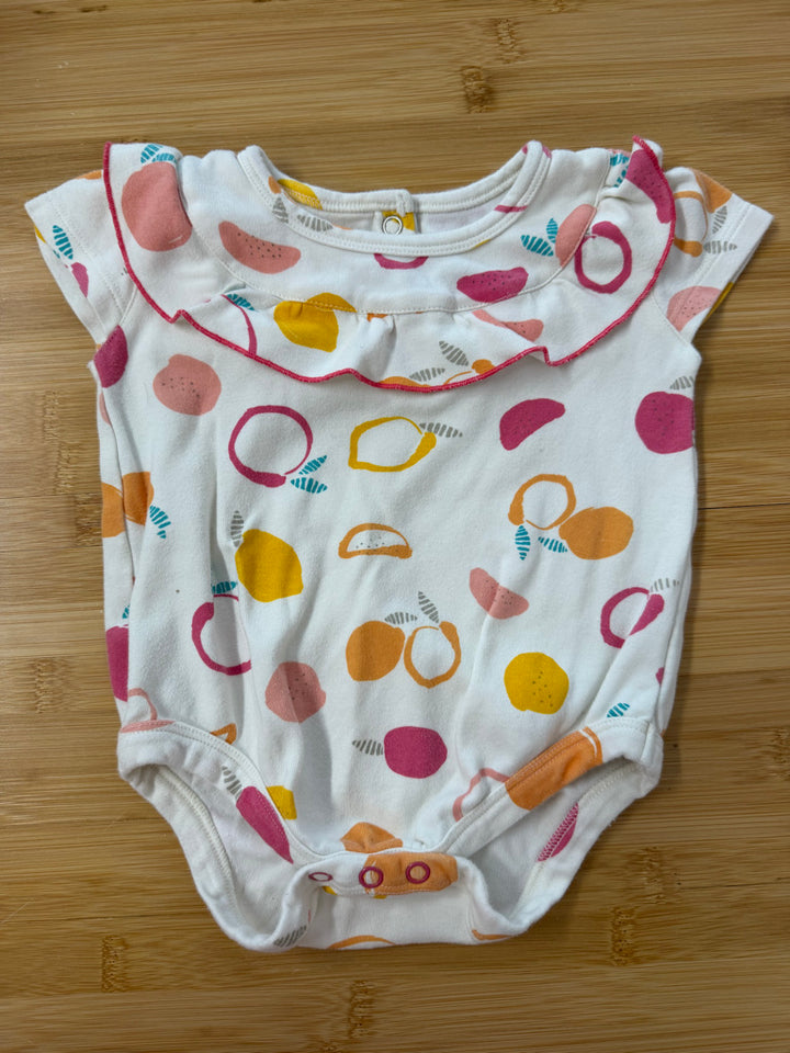 Pehr for Indigo Baby Bodysuit – 6–12M | Citrus Fruit Print Short Sleeve Ruffle Neckline Bubble