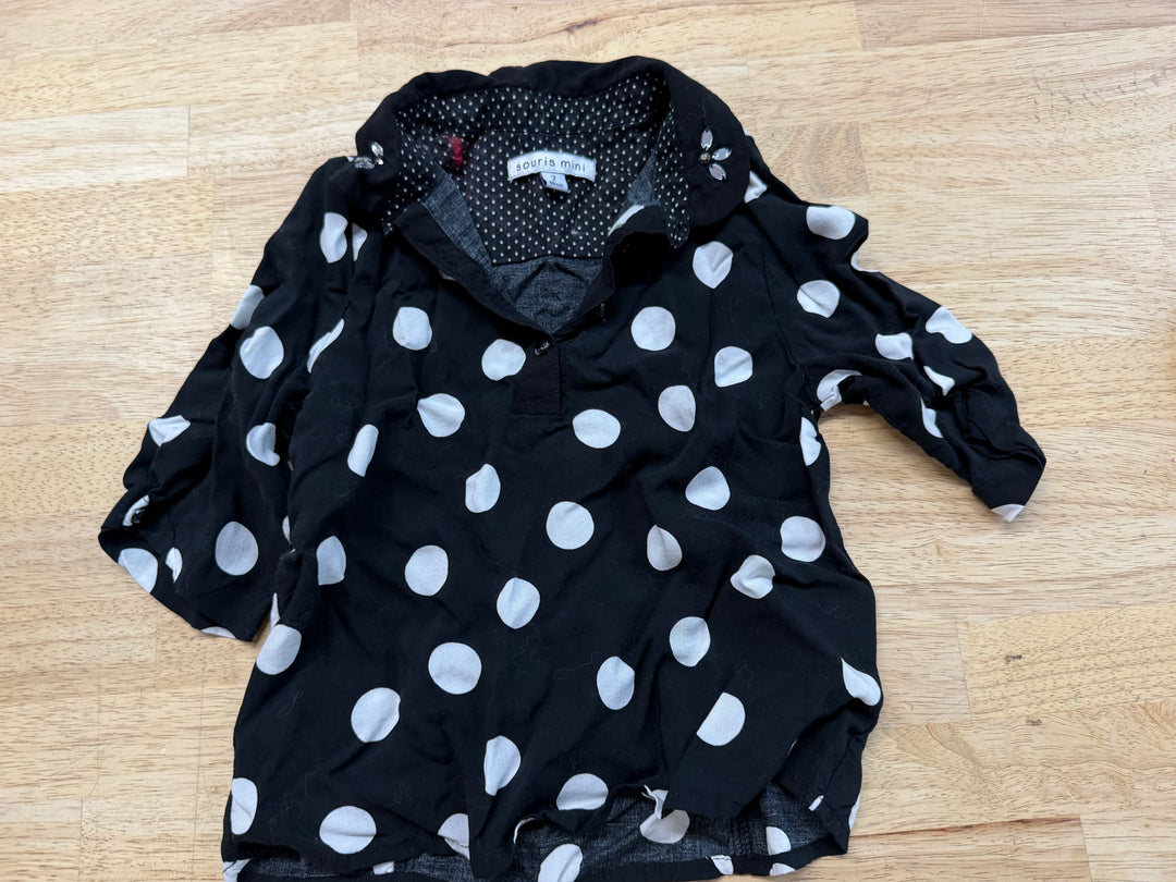 Souris Mini Rayon Top – 2 | Black Polka Dot | Collar | Quarter Button Down