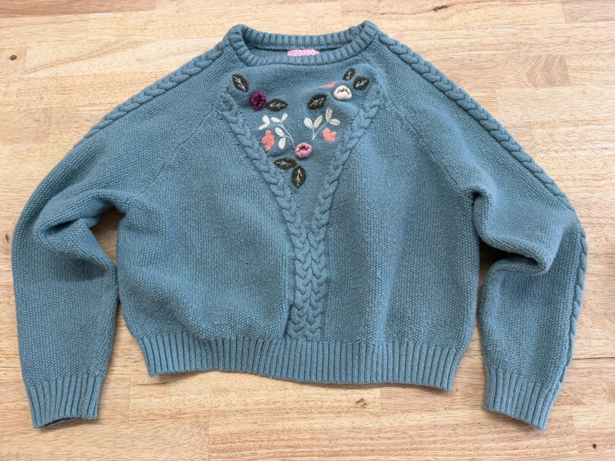 Souris Mini Knit Sweater – 6 | Teal | Floral Appliqué - Nest and Sprout-Consignment