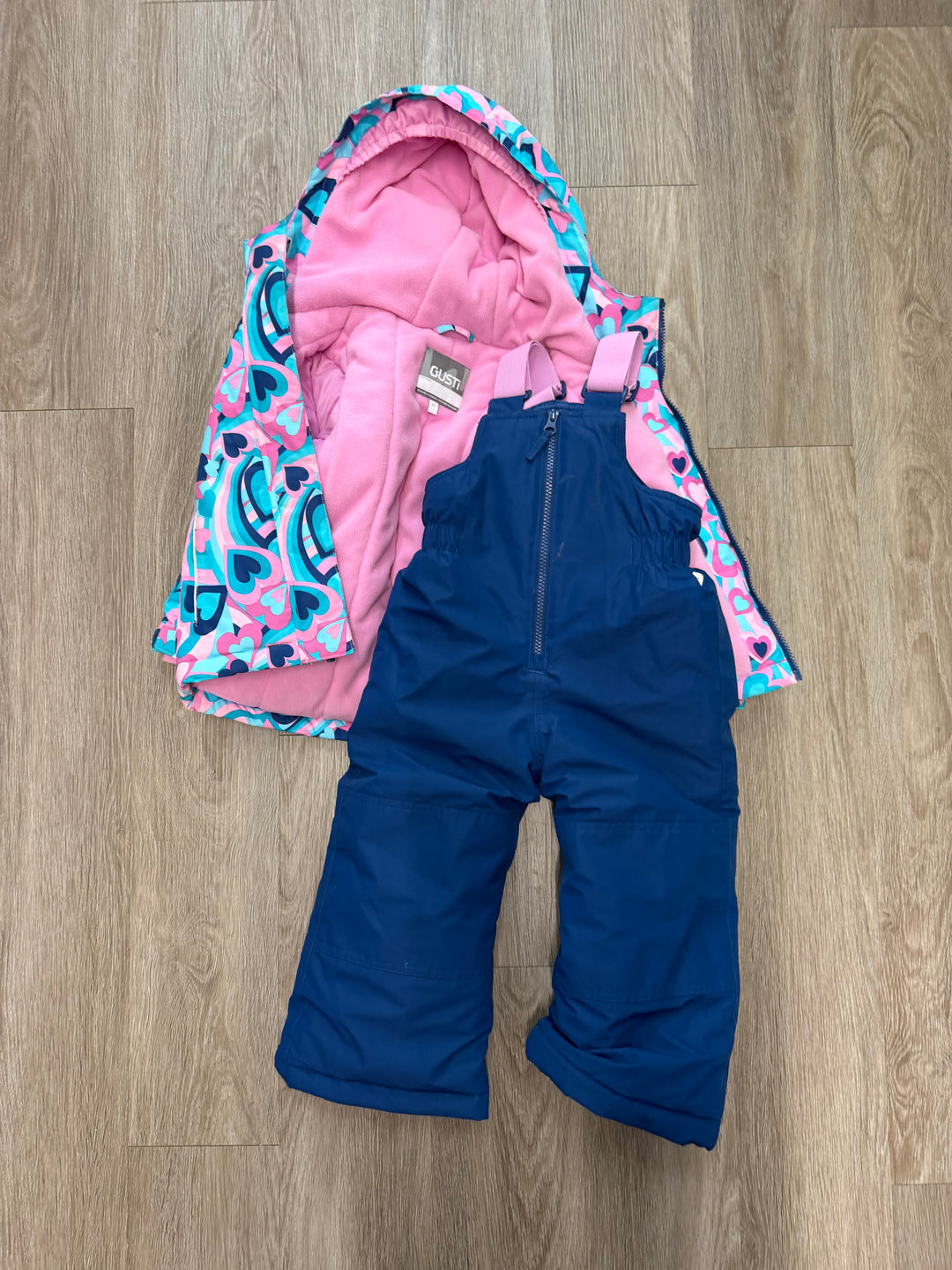 Gusti Snow Suit Set – 3T | Pink & Blue Heart Jacket & Navy Snow Pants
