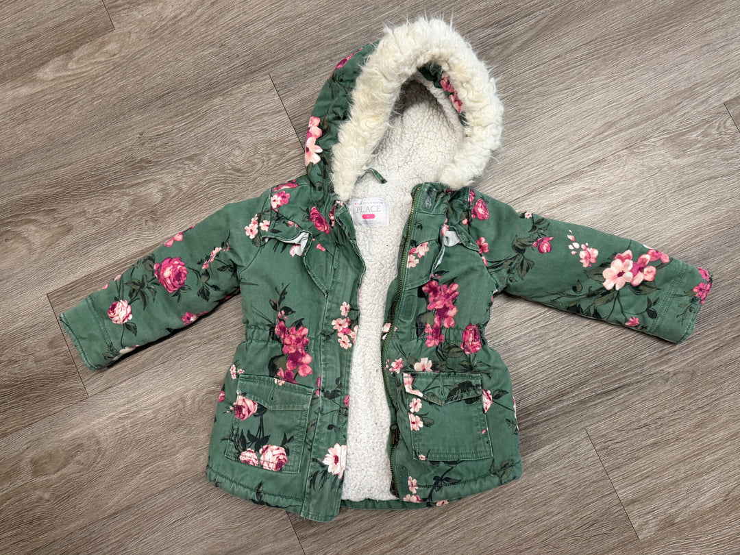 The Children's Place Floral Sherpa-Lined Canvas Jacket – 3T | Green Hooded
