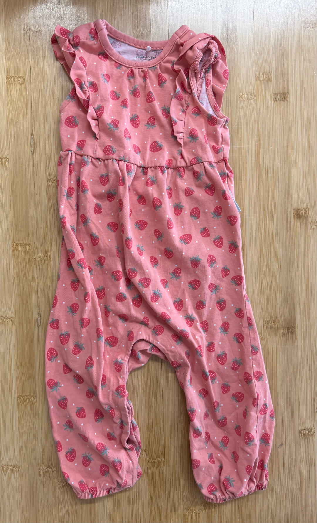 Polarn O. Pyret Strawberry Romper – 80cm | Orange | Tulle Sleeves | Snap Crotch