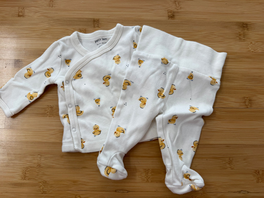 Petit Lem Duck Two-Piece Set – Newborn | Kimono Top & Footed Leggings Like New Laundered