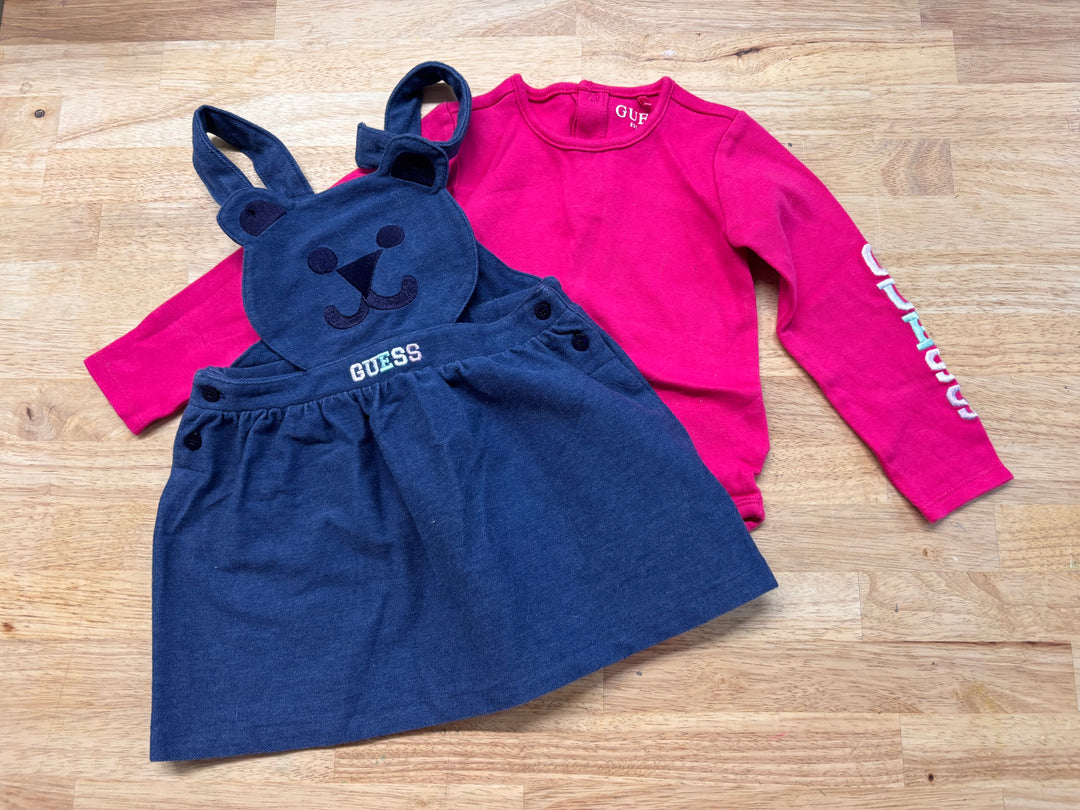 Guess Blue Jumper Dress + Pink Bodysuit Set 18M like new