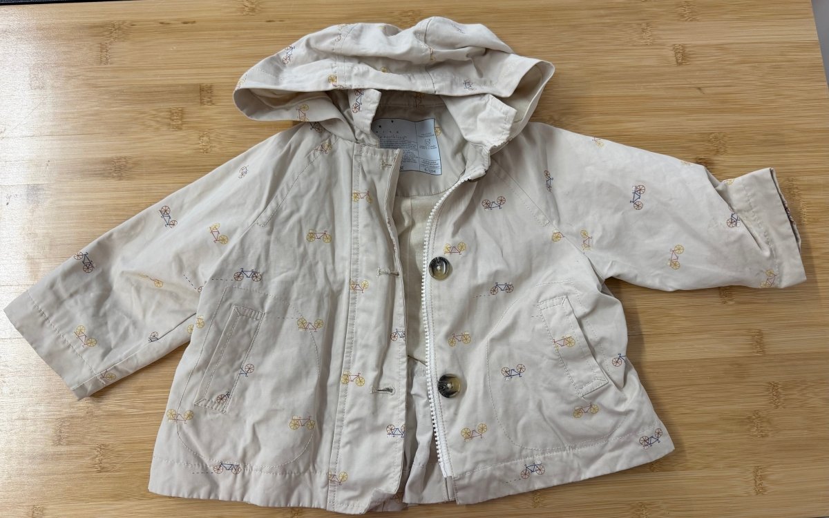 Rise Little Earthling Hooded Jacket – 6-12 Months | Cream | Bicycle Print | Cotton Polyester - Nest and Sprout-Consignment