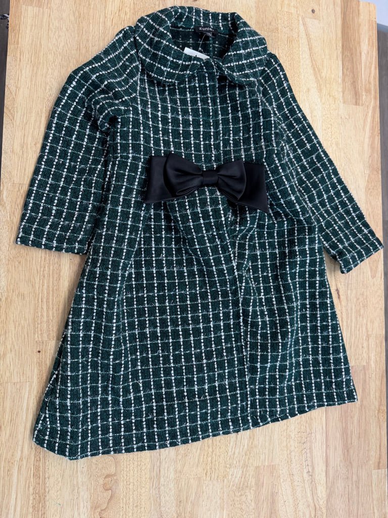 Zunie Jacket & Sequin Dress Set – 6 | Green White Plaid Black Bow - Nest and Sprout-Consignment