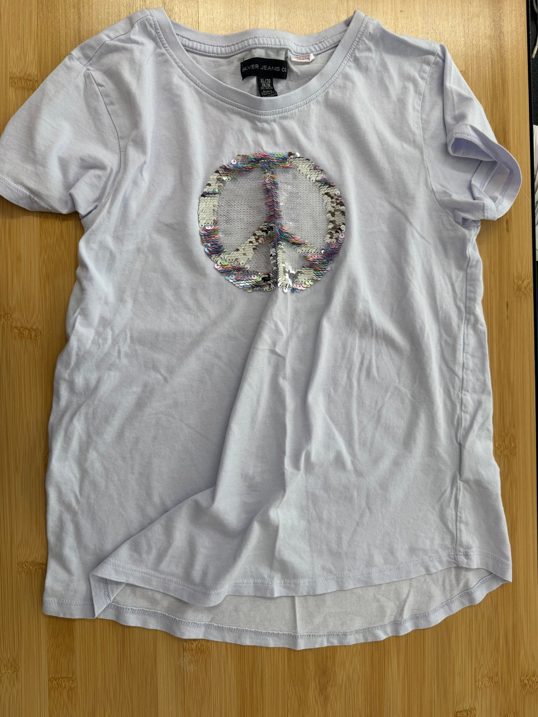 Silver Jeans Shirt – 14/16 | Light Purple Sequin Peach Short Sleeve