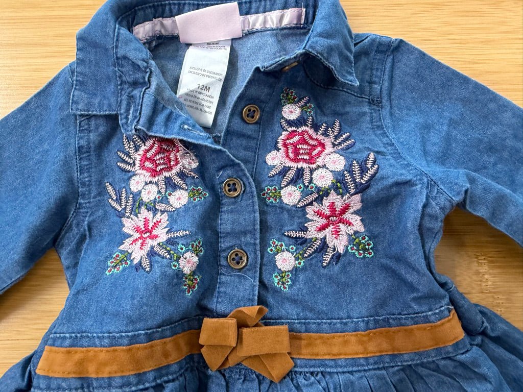 Little Lass Embroidered Denim Dress – 12M | Lightweight Long Sleeve Collar Floral - Nest and Sprout-Consignment