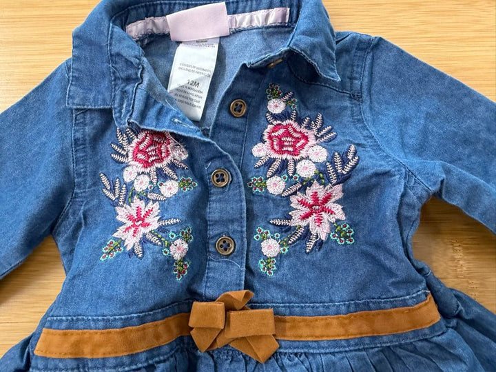 Little Lass Embroidered Denim Dress – 12M | Lightweight Long Sleeve Collar Floral - Nest and Sprout-Consignment