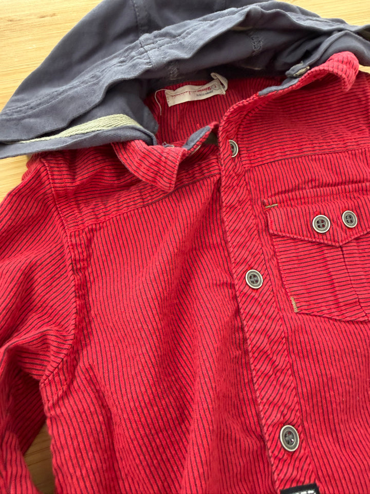 Deux par Deux Striped Hooded Button-Up Shirt – 2 | Red Stripe