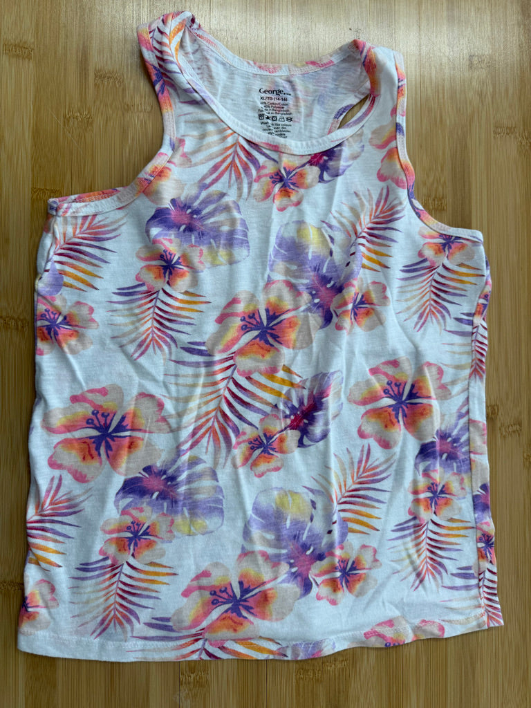 George Tank Top – 14–16 | Tropical Pink & Purple Floral Cotton/Poly