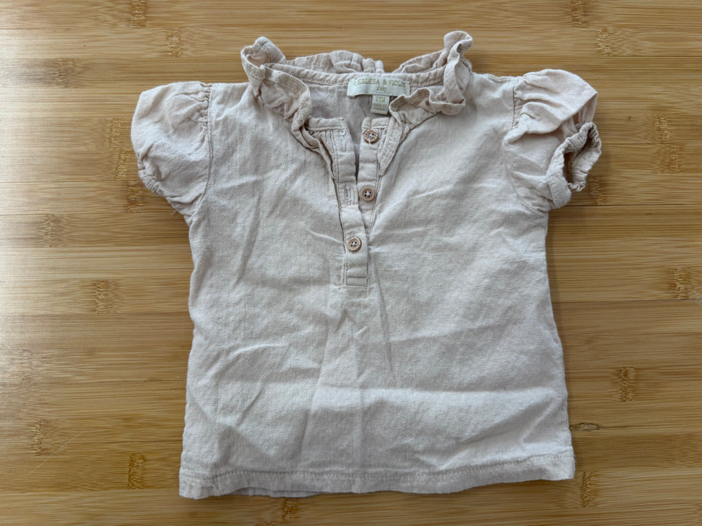 Chelsea & Violet Baby Top – 12M | Beige Ruffle Neckline 100% Cotton