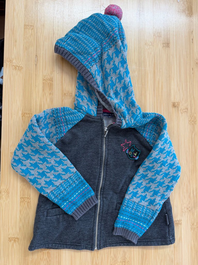 Souris Mini Blue Cat Zip-Up Hoodie – 3 | Blue Pattern Grey Body - Nest and Sprout-Consignment