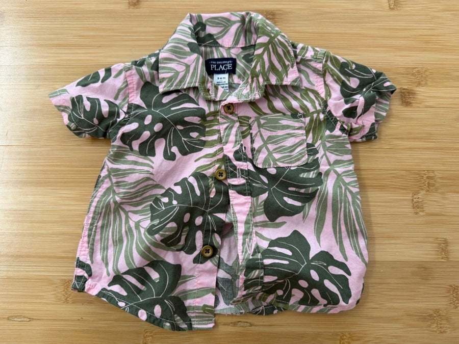 The Children's Place Fauna Print Button-Up Shirt – 3–6M | Pink Short Sleeve - Nest and Sprout-Consignment