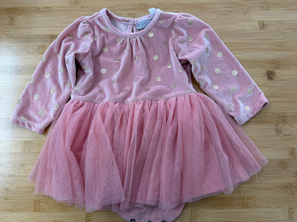 The Children's Place Velour Dress – 18M | Pink Gold Spots Tulle Skirt Long Sleeve