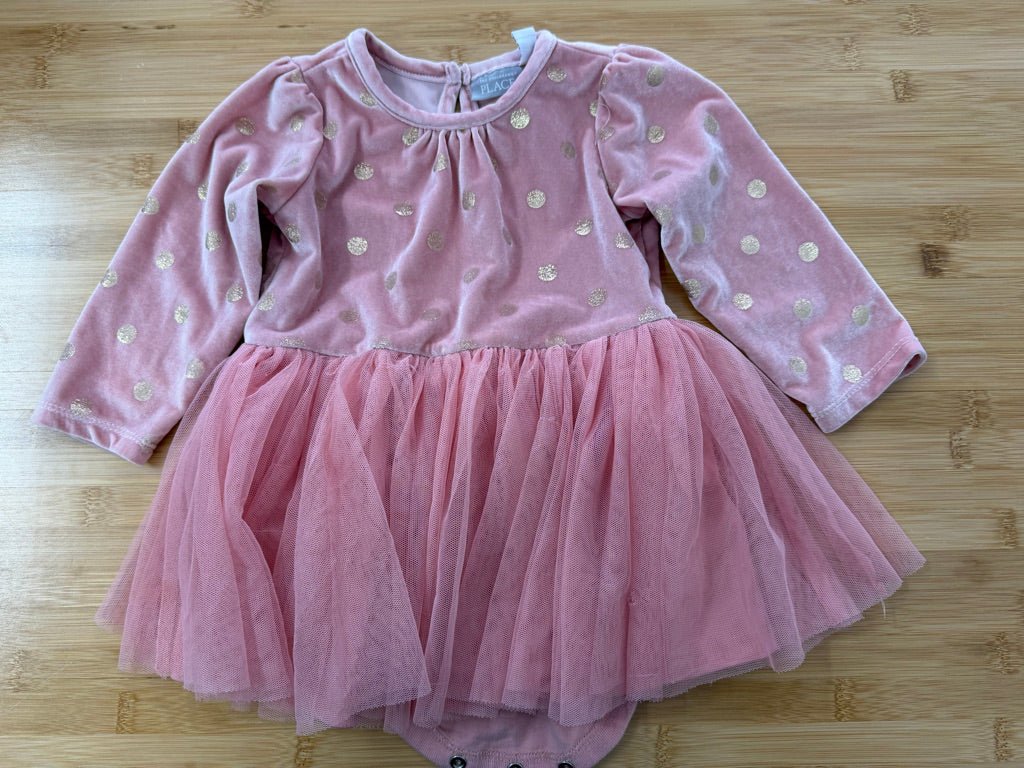 The Children's Place Velour Dress – 18M | Pink Gold Spots Tulle Skirt Long Sleeve - Nest and Sprout-Consignment