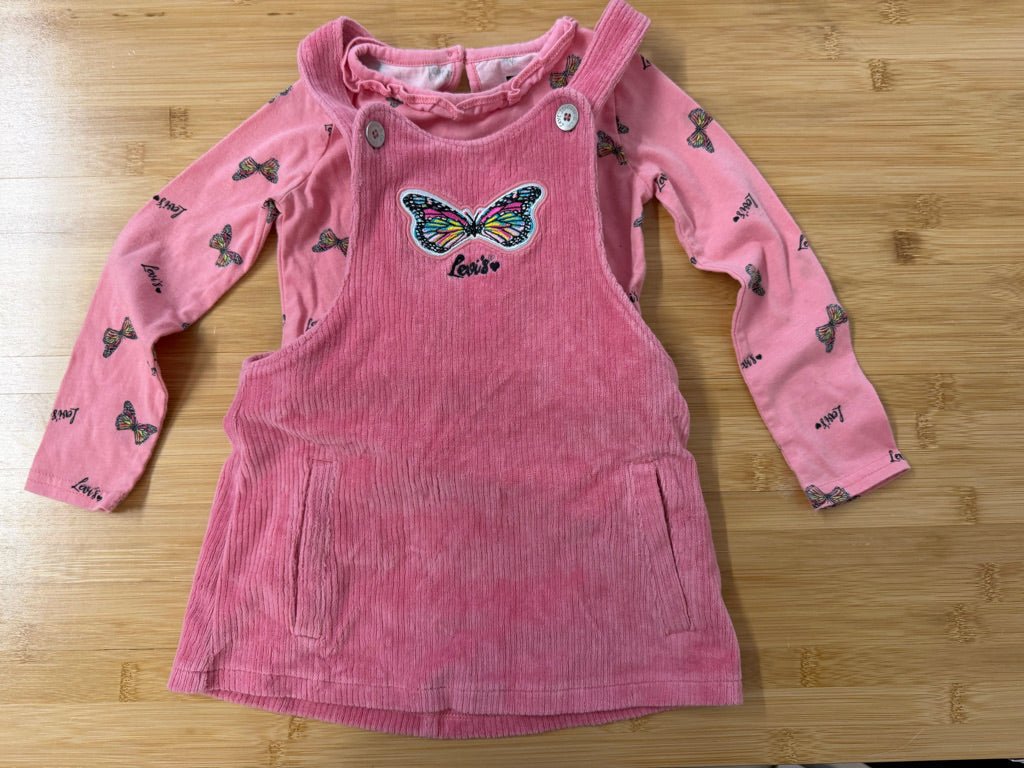Levi's Velour Corduroy Jumpsuit & Butterfly Top Set – 2T | Light Pink - Nest and Sprout-Consignment