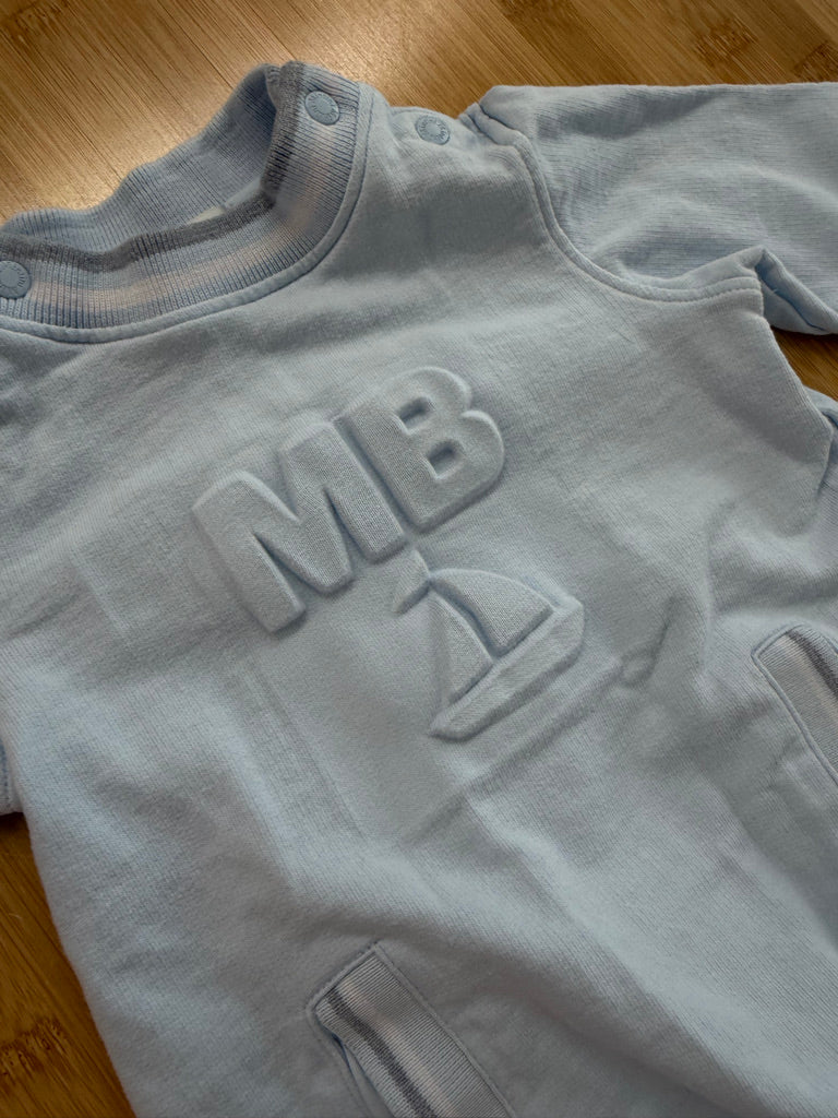 Minitini Long Sleeve Romper – 9M | Light Blue Sailboat Punched Detail Pockets Snap Bottom
