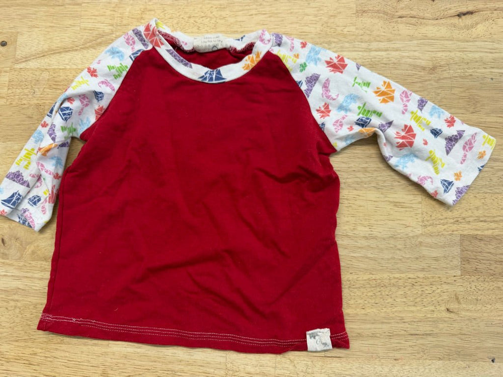 Bear + Roo Canadian Print Top – 3T | Red Body 3/4 Sleeve - Nest and Sprout-Consignment