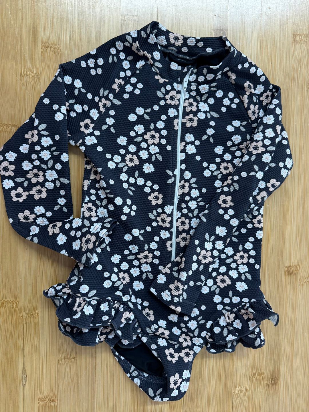 Imagine by Perry One Piece Swimsuit – 3/4 | Navy Floral | Zip-Down | Ruffle Bottom