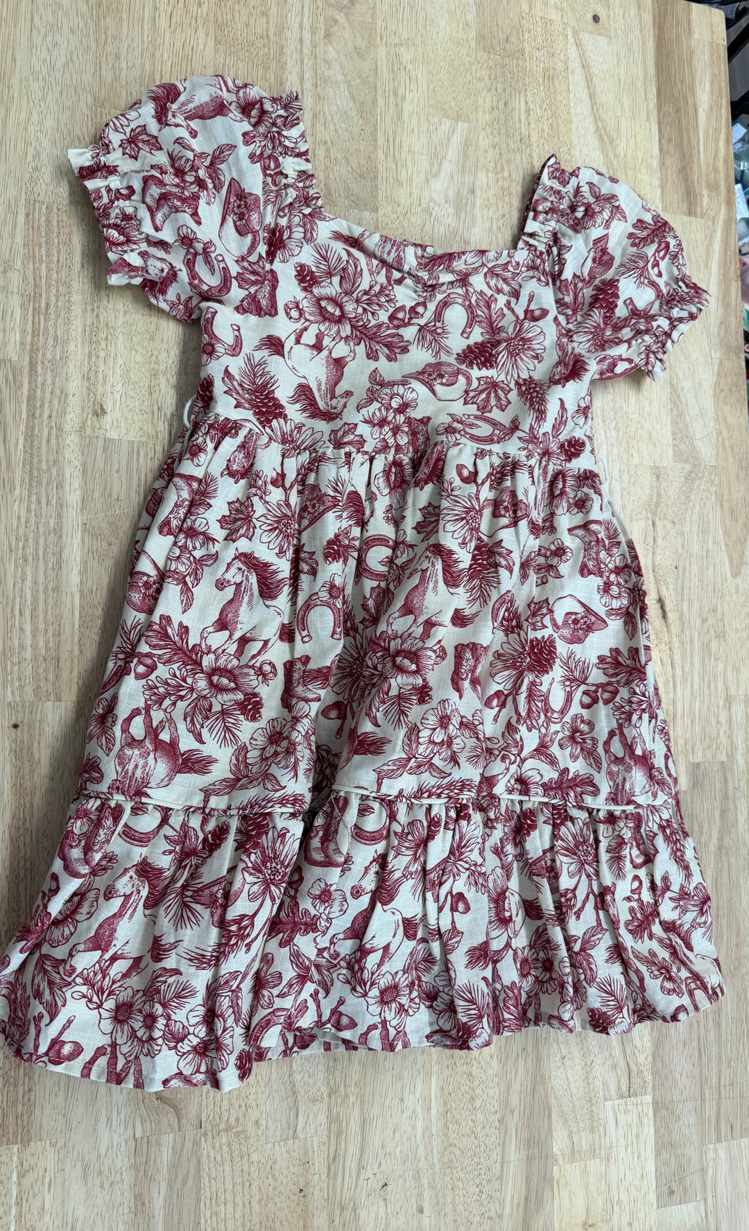 Happily Grey Kids Horse Print Dress – 6/7 | Cream with Burgundy | Short Sleeve, Square Neckline