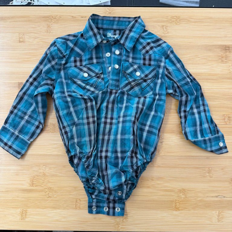 Wrangler Button-Up Bodysuit – 24M | Turquoise & Black Plaid Long Sleeve - Nest and Sprout-Consignment