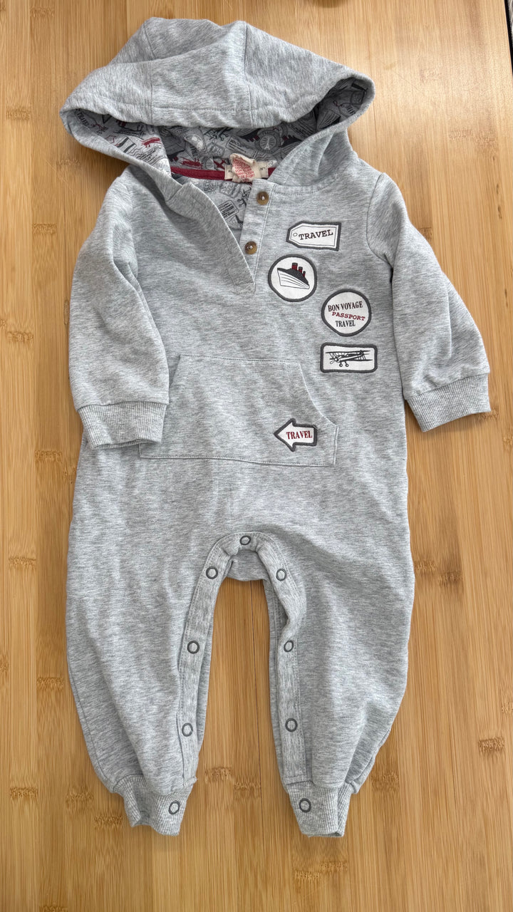 Rorie Whelan Hooded Romper – 12M | Grey with Patches