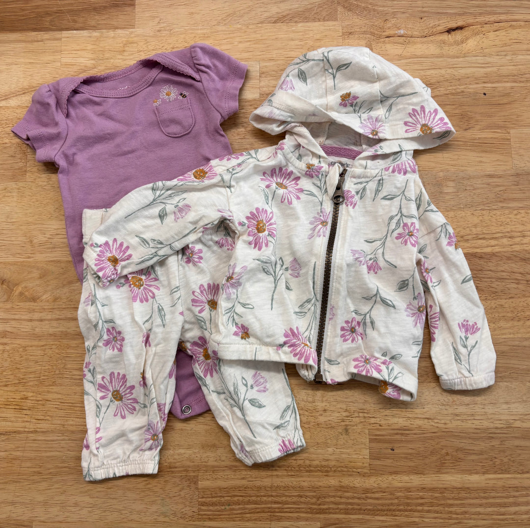 Carters Outfit Set – Size 3M (Purple/White Floral, 3-Piece)