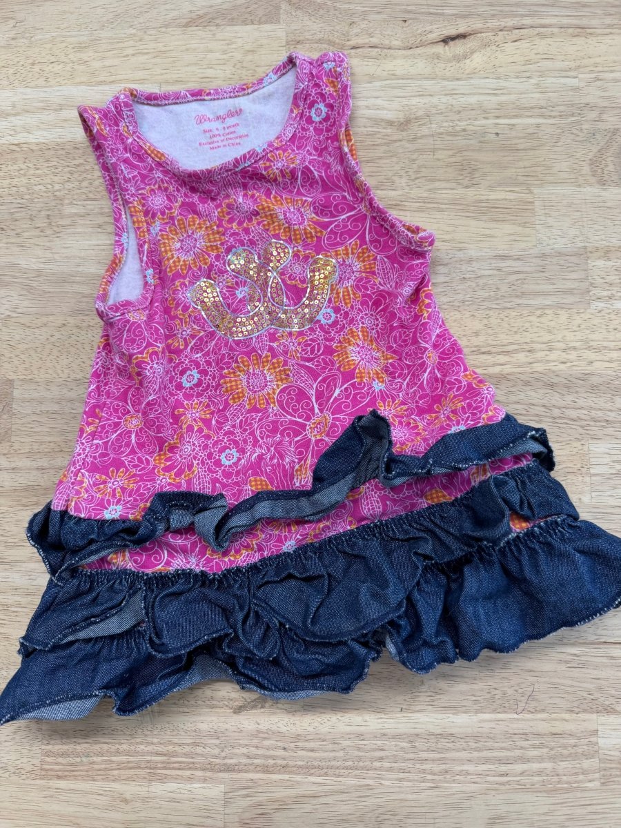 Wrangler Crossed Horses Floral Dress – 6–9M | Pink 100% Cotton Faux Denim Ruffle - Nest and Sprout-Consignment