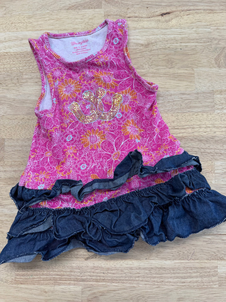 Wrangler Crossed Horses Floral Dress – 6–9M | Pink 100% Cotton Faux Denim Ruffle