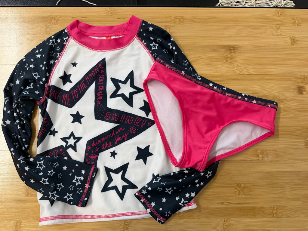 Joe Fresh Active Swim Set – 7/8 | Black Star Rash Guard & Hot Pink Bikini Bottom